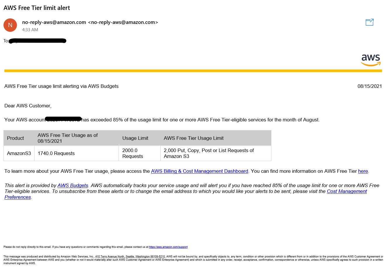 Figure 3. AWS Budgets Alerting about S3 Bucket reaching Free Tier limits